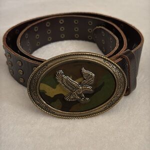 Faithful | Brown Leather Stud Belt Eagle Camouflage Hook Embossed Buckle (S)